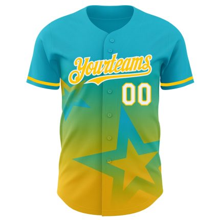 Personalized 3D Gradient Twinkle Star Baseball Jersey in Lakes Blue Yellow-White, Custom Name and Number Personalized Lakes