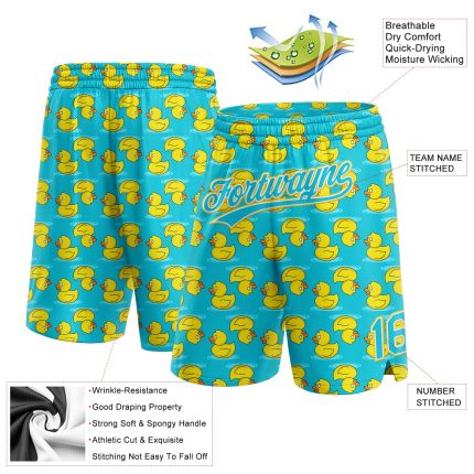 Custom Name Number Duck Basketball Shorts - 3D Pattern Blue Yellow White, Personalized Team Gear Personalized Lakes Blue