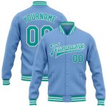 Custom Varsity Letterman Jacket with Name and Number | Light Blue Aqua-White Full-Snap Bomber Personalized Light Blue Aqua-White