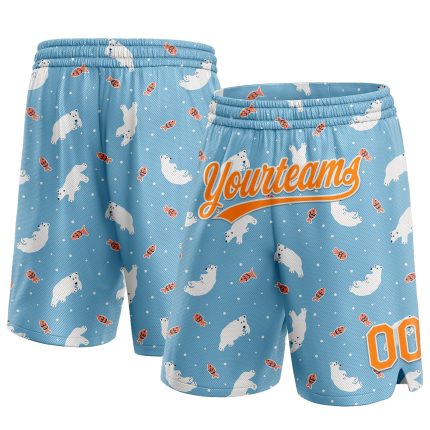 Custom Personalized Polar Bear and Fish Basketball Shorts - Light Blue Bay Orange-White 3D Pattern with Name and Number Personalized