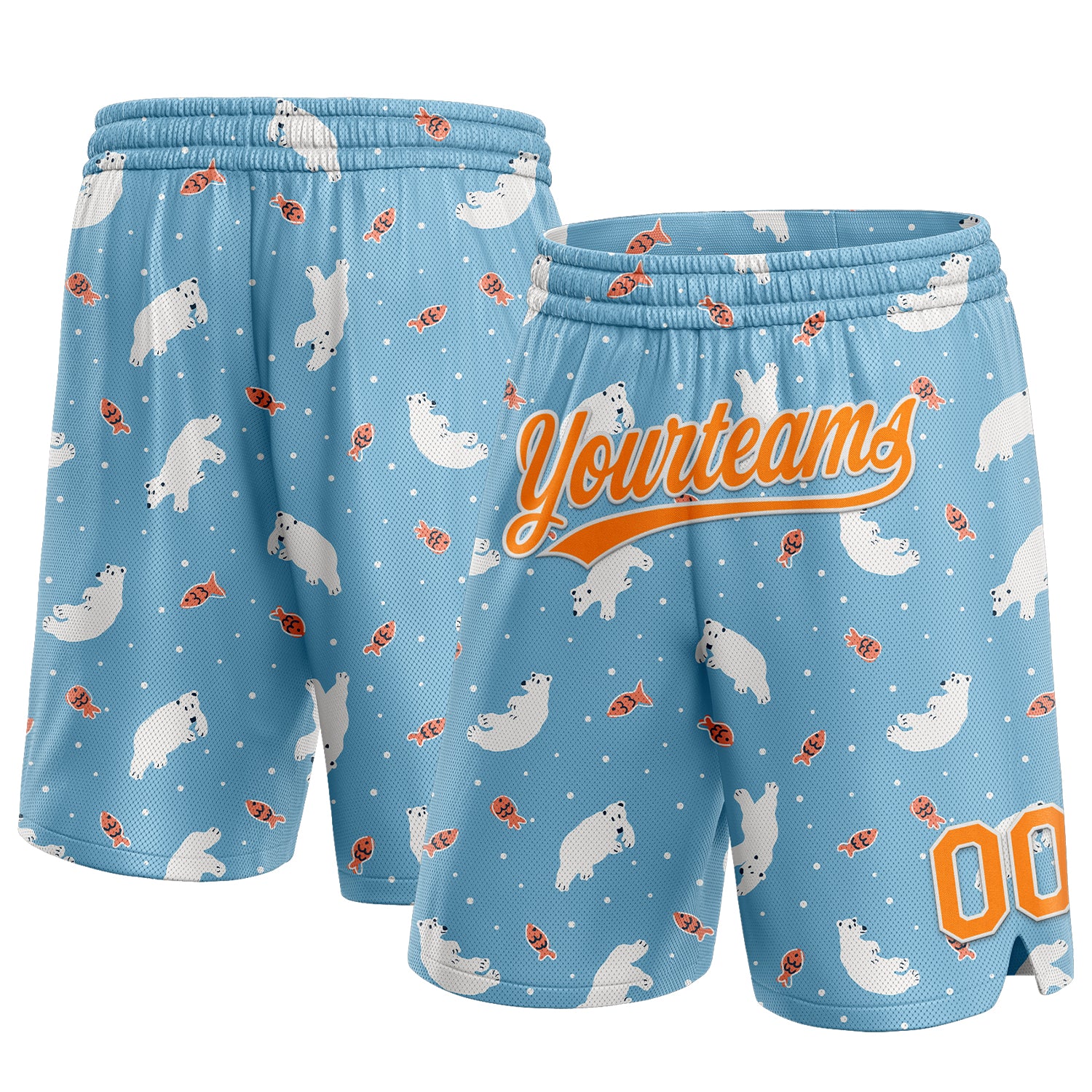 Custom Personalized Polar Bear and Fish Basketball Shorts - Light Blue Bay Orange-White 3D Pattern with Name and Number Personalized