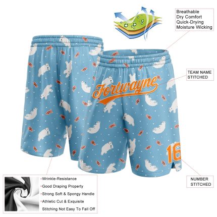 Custom Personalized Polar Bear and Fish Basketball Shorts - Light Blue Bay Orange-White 3D Pattern with Name and Number Personalized