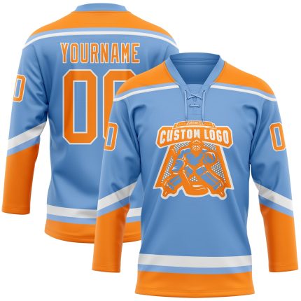 Custom Name Number Hockey Jersey Team Light Blue Orange White Lace Neck Personalized Light Blue Bay Orange-White Hockey Lace