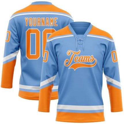 Custom Name Number Hockey Jersey Team Light Blue Orange White Lace Neck Personalized Light Blue Bay Orange-White Hockey Lace