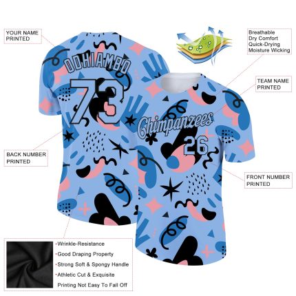 Custom Team Performance T-Shirt with Light Blue Black 3D Pattern Doodle, Personalized Name and Number Personalized Light