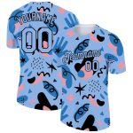 Custom Team Performance T-Shirt with Light Blue Black 3D Pattern Doodle, Personalized Name and Number Personalized Light