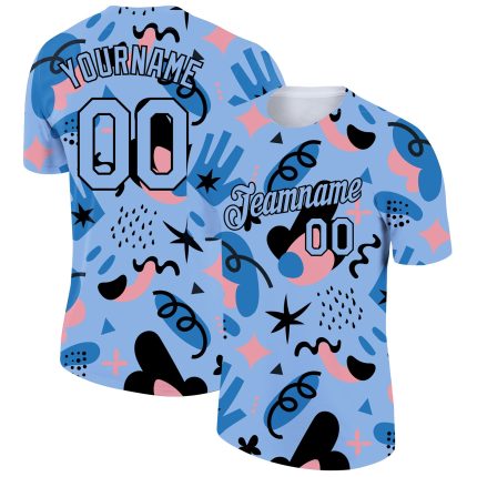Custom Team Performance T-Shirt with Light Blue Black 3D Pattern Doodle, Personalized Name and Number Personalized Light