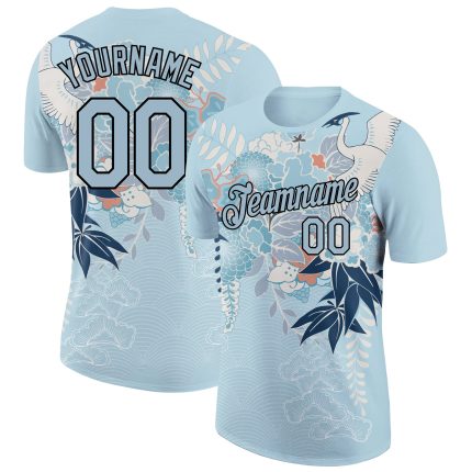 Custom Name and Number Light Blue Animal Crane Performance T-Shirt with 3D Pattern Design Personalized Light Blue Black 3D