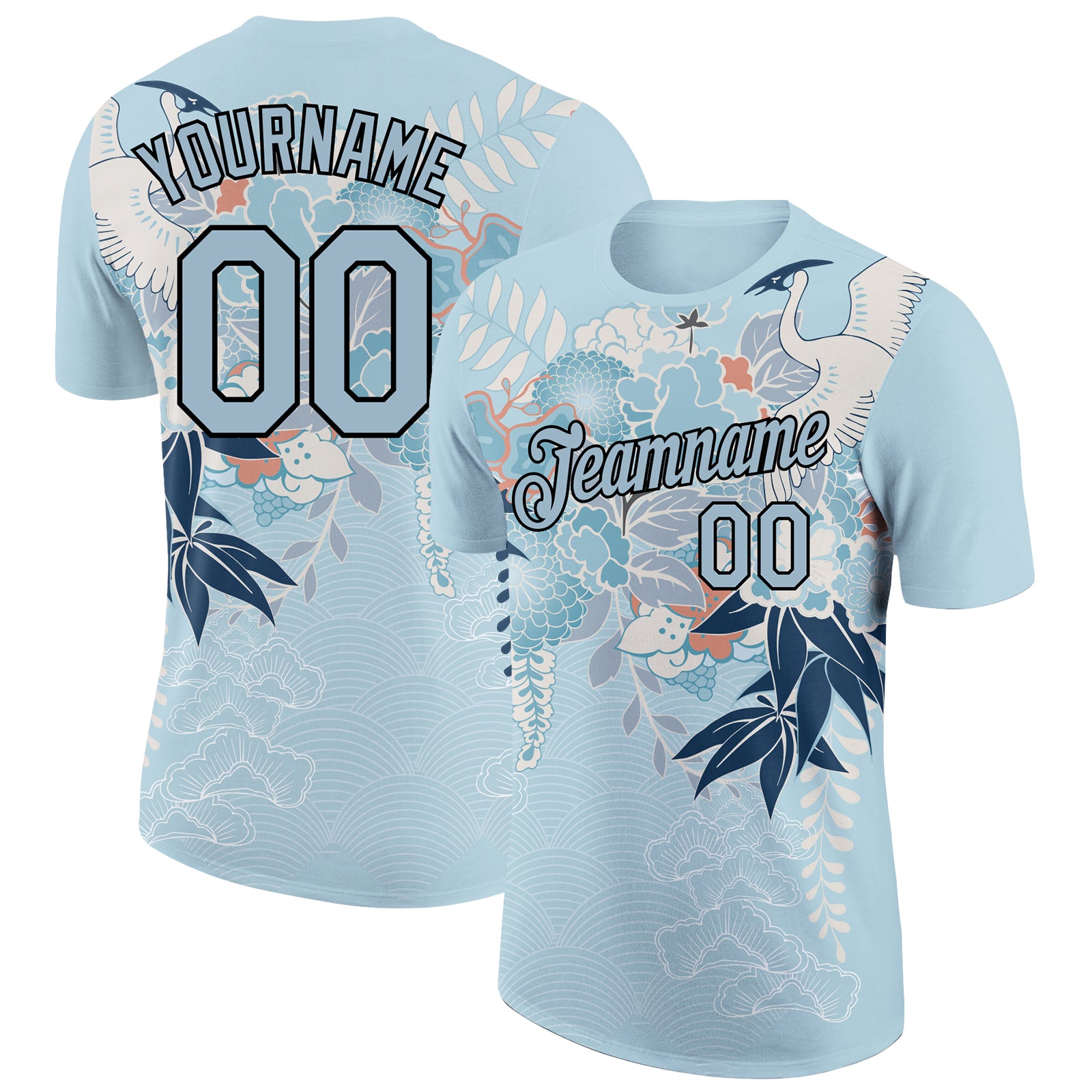 Custom Name and Number Light Blue Animal Crane Performance T-Shirt with 3D Pattern Design Personalized Light Blue Black 3D