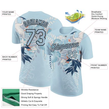 Custom Name and Number Light Blue Animal Crane Performance T-Shirt with 3D Pattern Design Personalized Light Blue Black 3D