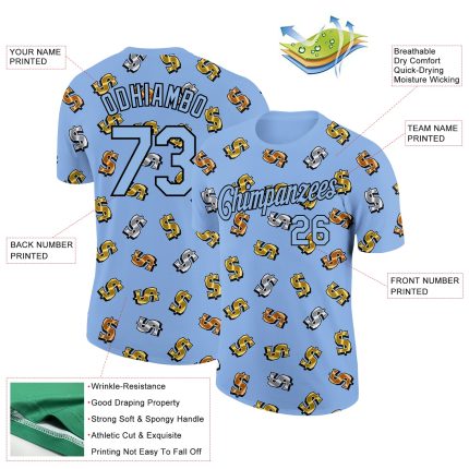 Personalized 3D Dollar Sign Money Theme T-Shirt with Custom Name & Number - Light Blue Black Design Personalized Light Blue