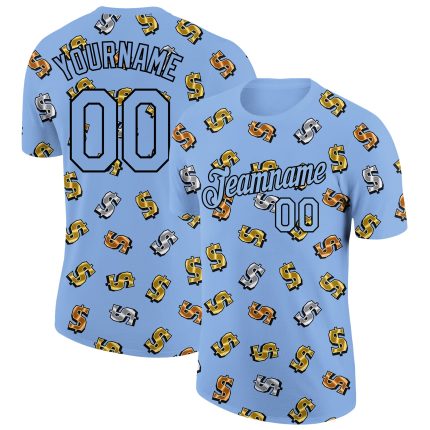 Personalized 3D Dollar Sign Money Theme T-Shirt with Custom Name & Number - Light Blue Black Design Personalized Light Blue