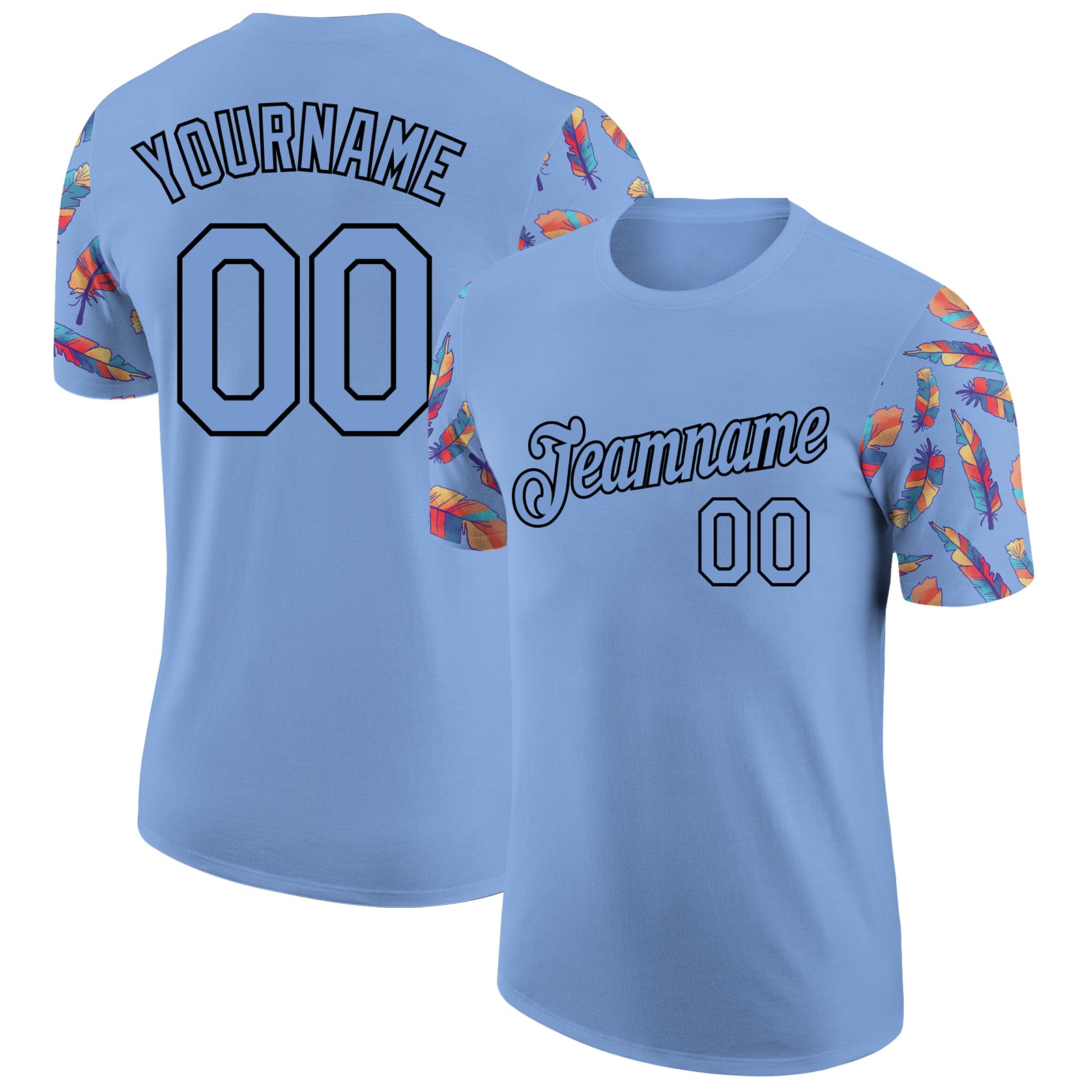 Personalized Light Blue 3D Pattern Feather T-Shirt with Custom Name and Number - Team Performance Apparel Personalized Light