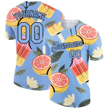 Custom Name and Number Summer T-Shirt - Personalized 3D Pattern Design in Light Blue, Black Ice Cream and Fruit Theme Personalized