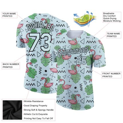 Custom Name and Number Tropical Hawaii Flamingo 3D Pattern Light Blue Performance T-Shirt Personalized Light Blue Black 3D