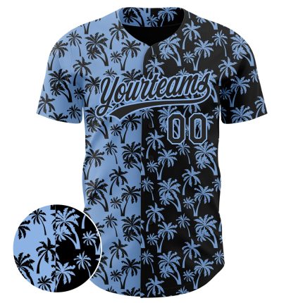 Personalized Tropical Hawaii Palm Trees Baseball Jersey with Custom Name and Number - Light Blue Black 3D Pattern Design