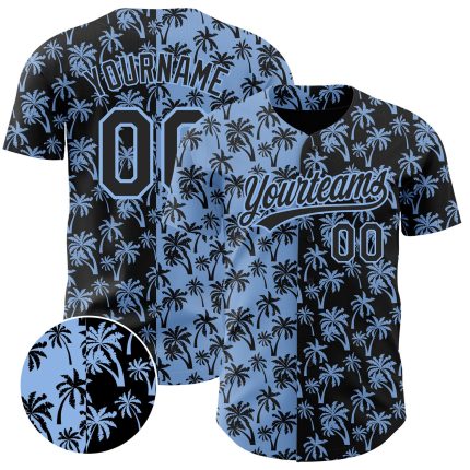 Personalized Tropical Hawaii Palm Trees Baseball Jersey with Custom Name and Number - Light Blue Black 3D Pattern Design