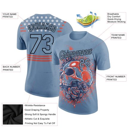 Custom Name Number 3D Skull Performance T-Shirt Light Blue Black Fashion Style Personalized Light Blue Black 3D Skull Fashion
