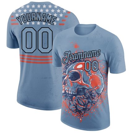 Custom Name Number 3D Skull Performance T-Shirt Light Blue Black Fashion Style Personalized Light Blue Black 3D Skull Fashion