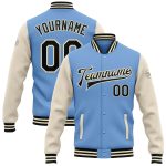 Custom Name Number Varsity Bomber Jacket Light Blue Black-Cream Two Tone Full-Snap Letterman Personalized Light Blue Black-Cream