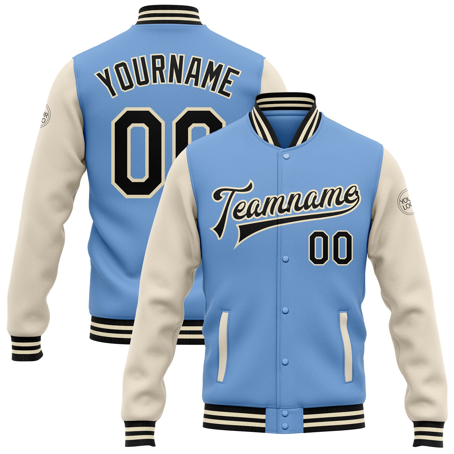 Custom Name Number Varsity Bomber Jacket Light Blue Black-Cream Two Tone Full-Snap Letterman Personalized Light Blue Black-Cream
