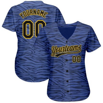 Custom Name and Number Authentic Baseball Jersey in Light Blue and Black-Gold 3D Pattern Design Personalized Light Blue Black-Gold