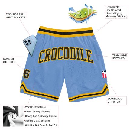 Custom Light Blue Black-Gold Basketball Shorts with Personalized Name and Number - Authentic Throwback Design Personalized