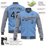 Custom Team Name Number Two Tone Bomber Varsity Letterman Jacket Light Blue Black Gray Full-Snap Personalized Light Blue