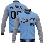 Custom Team Name Number Two Tone Bomber Varsity Letterman Jacket Light Blue Black Gray Full-Snap Personalized Light Blue