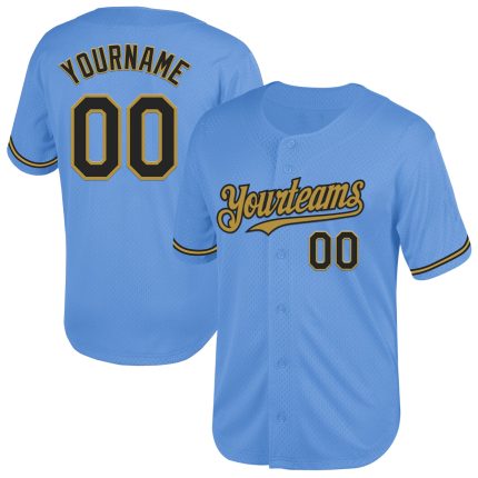 Custom Name and Number Authentic Throwback Baseball Jersey - Light Blue and Black Old Gold Mesh Personalized Light Blue Black-Old