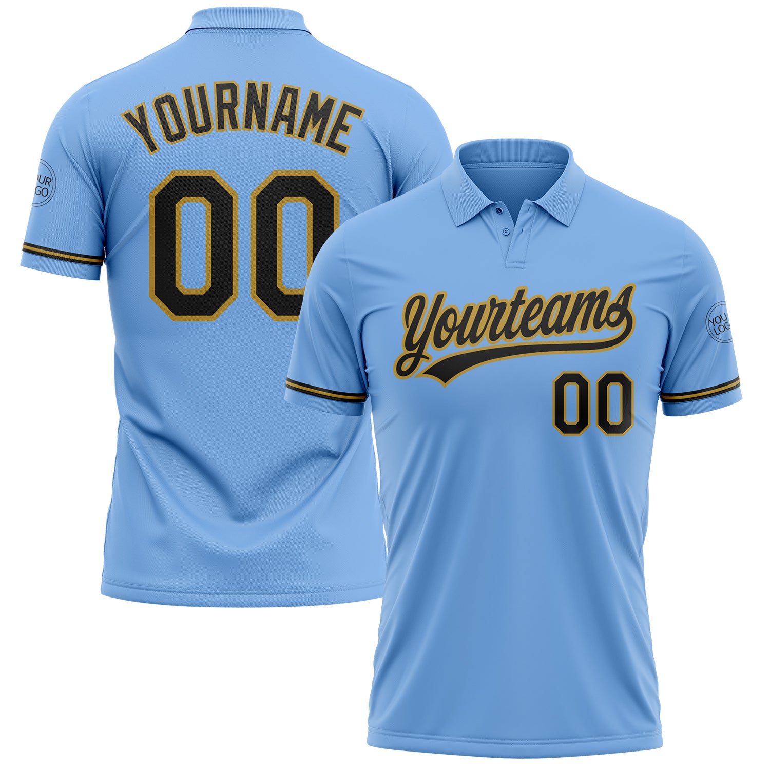 Custom Performance Vapor Golf Polo Shirt with Name and Number - Light Blue and Black Old Gold Personalized Light Blue Black-Old