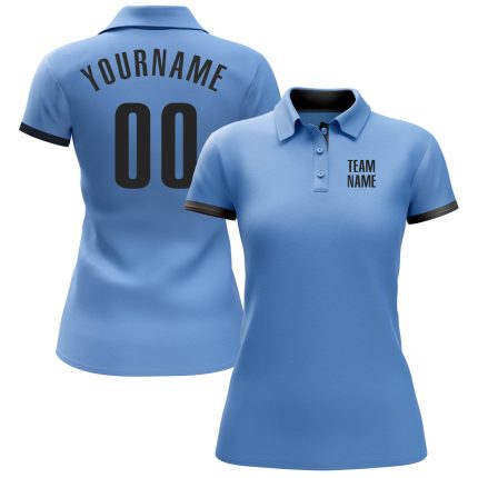 Custom Name and Number Performance Golf Polo Shirt Light Blue Black, Personalized Team Apparel Personalized Light Blue Black