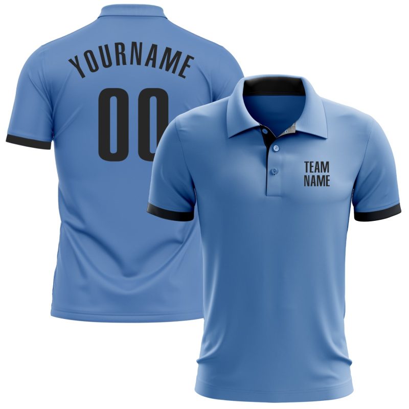 Custom Name and Number Performance Golf Polo Shirt Light Blue Black, Personalized Team Apparel Personalized Light Blue Black
