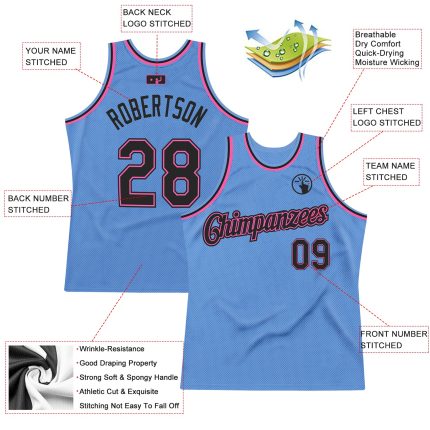 Personalized Authentic Throwback Basketball Jersey Custom Name Number Black-Pink Light Blue Team Personalized Light Blue