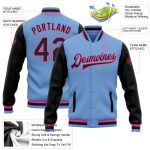 Custom Name and Number Light Blue Black-Pink Varsity Bomber Full-Snap Two Tone Jacket for Teams Personalized Light Blue Black-Pink