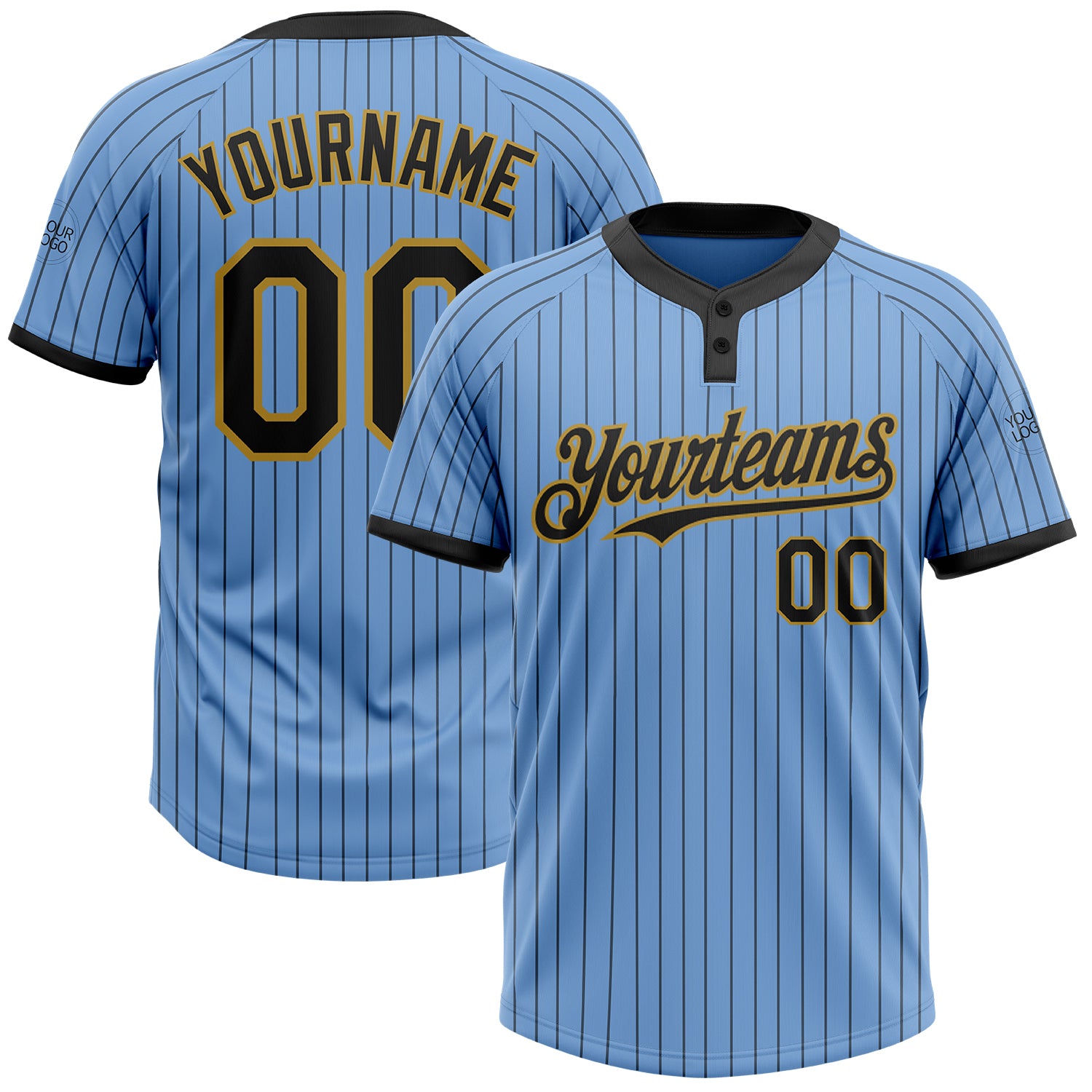 Custom Name and Number Unisex Softball Jersey Light Blue Old Gold Black Pinstripe Two-Button Personalized Light Blue Black