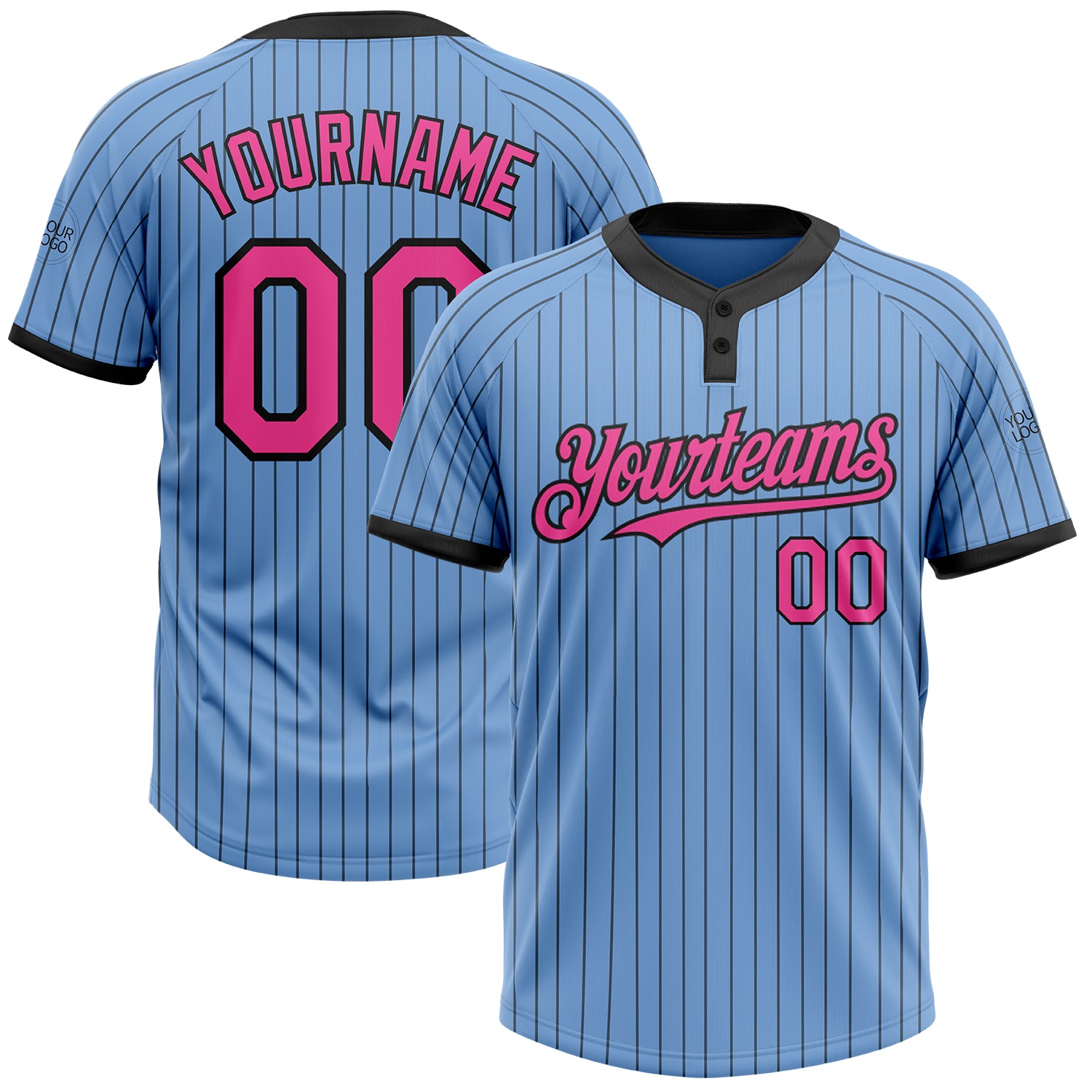 Custom Name and Number Unisex Softball Jersey Light Blue Black Pinstripe Two-Button Team Apparel Personalized Light Blue
