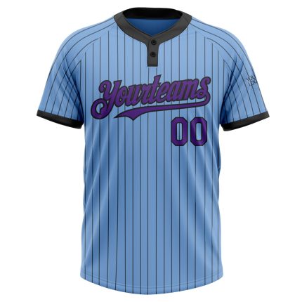 Custom Name and Number Unisex Softball Jersey - Light Blue Black Pinstripe Purple Two-Button Design Personalized Light Blue
