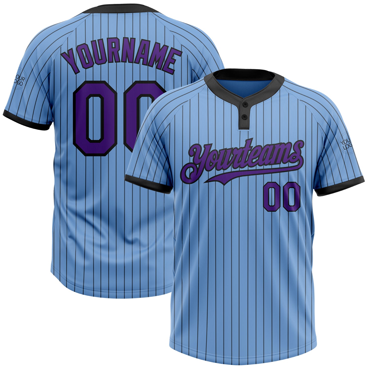 Custom Name and Number Unisex Softball Jersey - Light Blue Black Pinstripe Purple Two-Button Design Personalized Light Blue