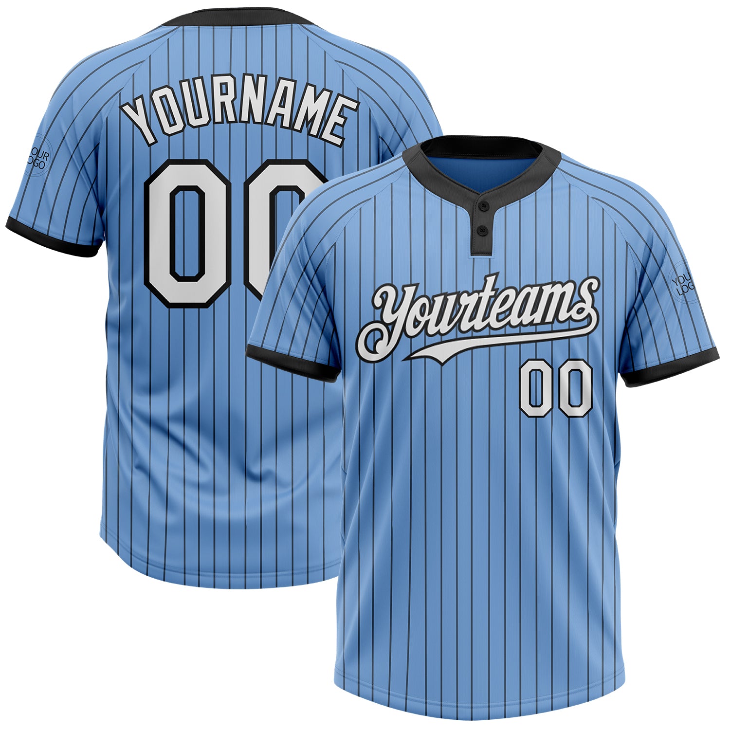 Custom Name and Number Softball Jersey - Unisex Two-Button Light Blue Black Pinstripe Design Personalized Light Blue Black