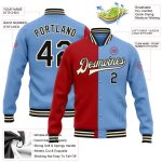 Custom Team Name Number Bomber Jacket Light Blue Black Red-Cream Full-Snap Varsity Letterman Fashion Jacket Personalized