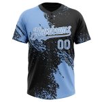 Custom Light Blue Black White 3D Pattern Brush Stroke Two-Button Unisex Softball Jersey with Personalized Name and Number