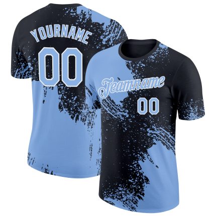 Custom Name and Number Performance T-Shirt - Light Blue Black White 3D Abstract Brush Stroke Design Personalized Light Blue