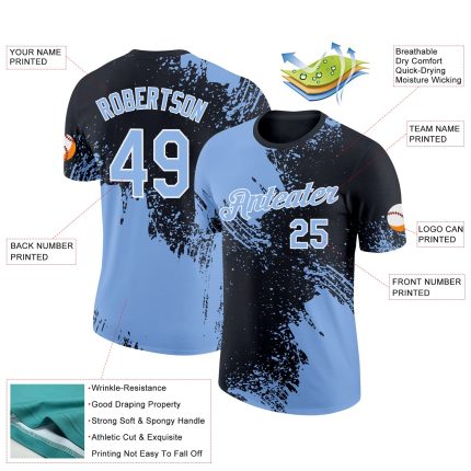 Custom Name and Number Performance T-Shirt - Light Blue Black White 3D Abstract Brush Stroke Design Personalized Light Blue