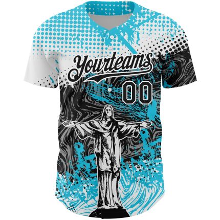 Custom Jesus Christ Baseball Jersey with Personalized Name and Number, Light Blue Black-White 3D Pattern Design Personalized