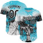 Custom Jesus Christ Baseball Jersey with Personalized Name and Number, Light Blue Black-White 3D Pattern Design Personalized