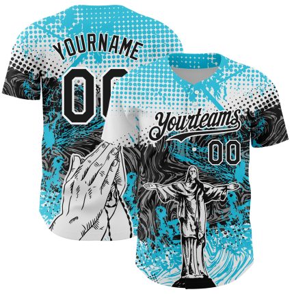 Custom Jesus Christ Baseball Jersey with Personalized Name and Number, Light Blue Black-White 3D Pattern Design Personalized