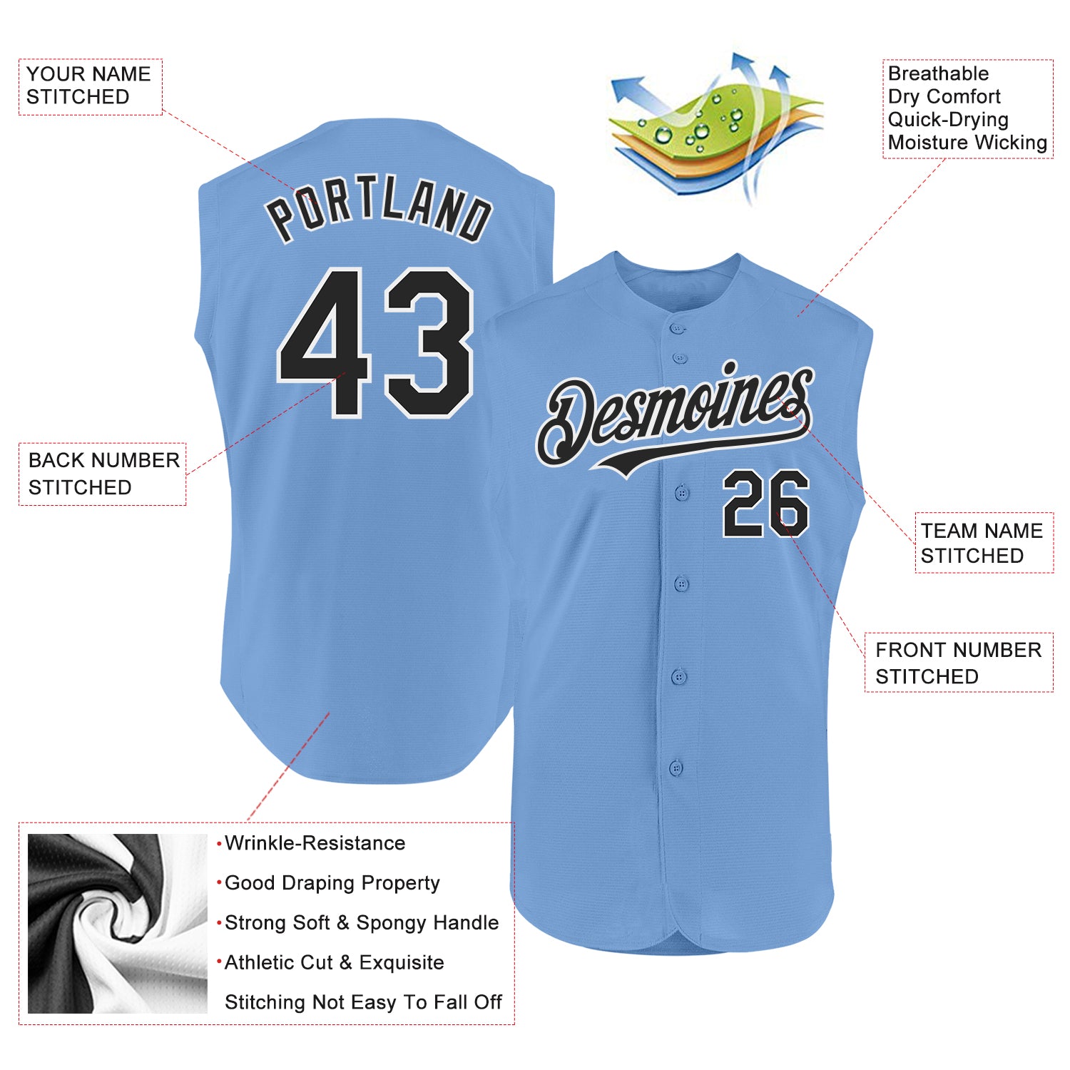 Personalized Light Blue Black-White Authentic Sleeveless Baseball Jersey Team Custom Name and Number Custom Personalized Light Blue Baseball Jersey with Team Name and Number - Authentic Sleeveless Black-White Design Personalized - Image 2