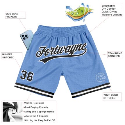 Light Blue Black White Personalized Authentic Basketball Shorts - Throwback Style Personalized Light Blue Black-White Authentic