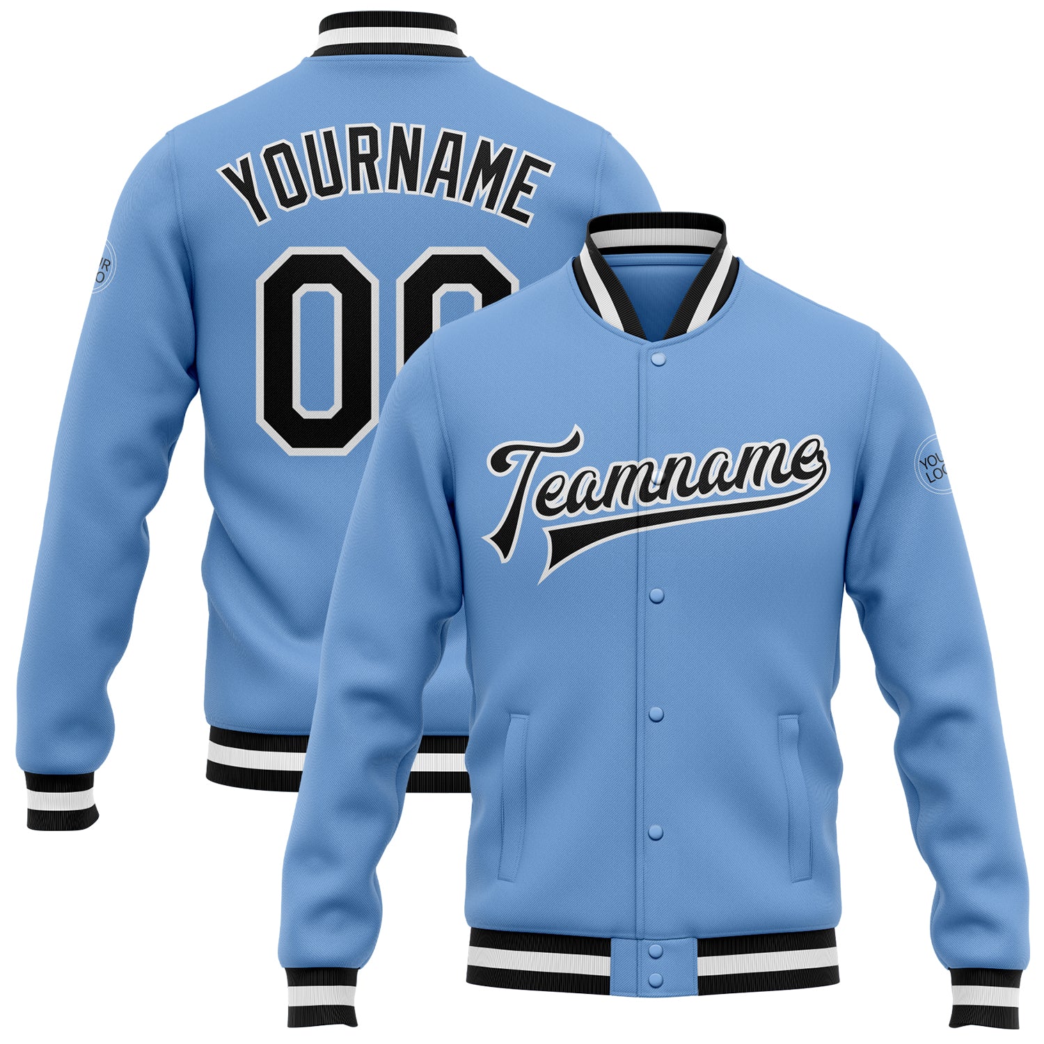 Custom Team Name & Number Light Blue Black & White Varsity Bomber Full-Snap Jacket Personalized Light Blue Black-White Bomber